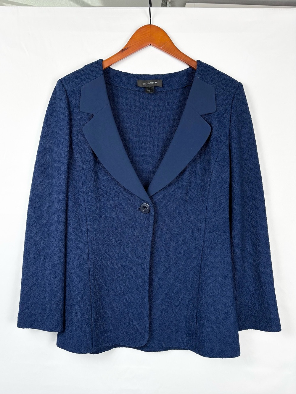 St John Santana Knit Blazer Navy Blue Size 6 USA Collared Preppy Work Business